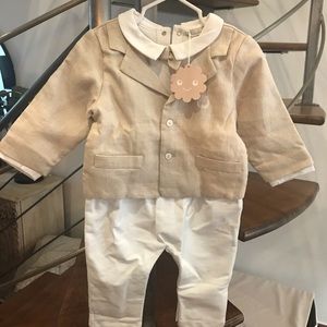 Baby boy Patachou outfit beige white baptism tags